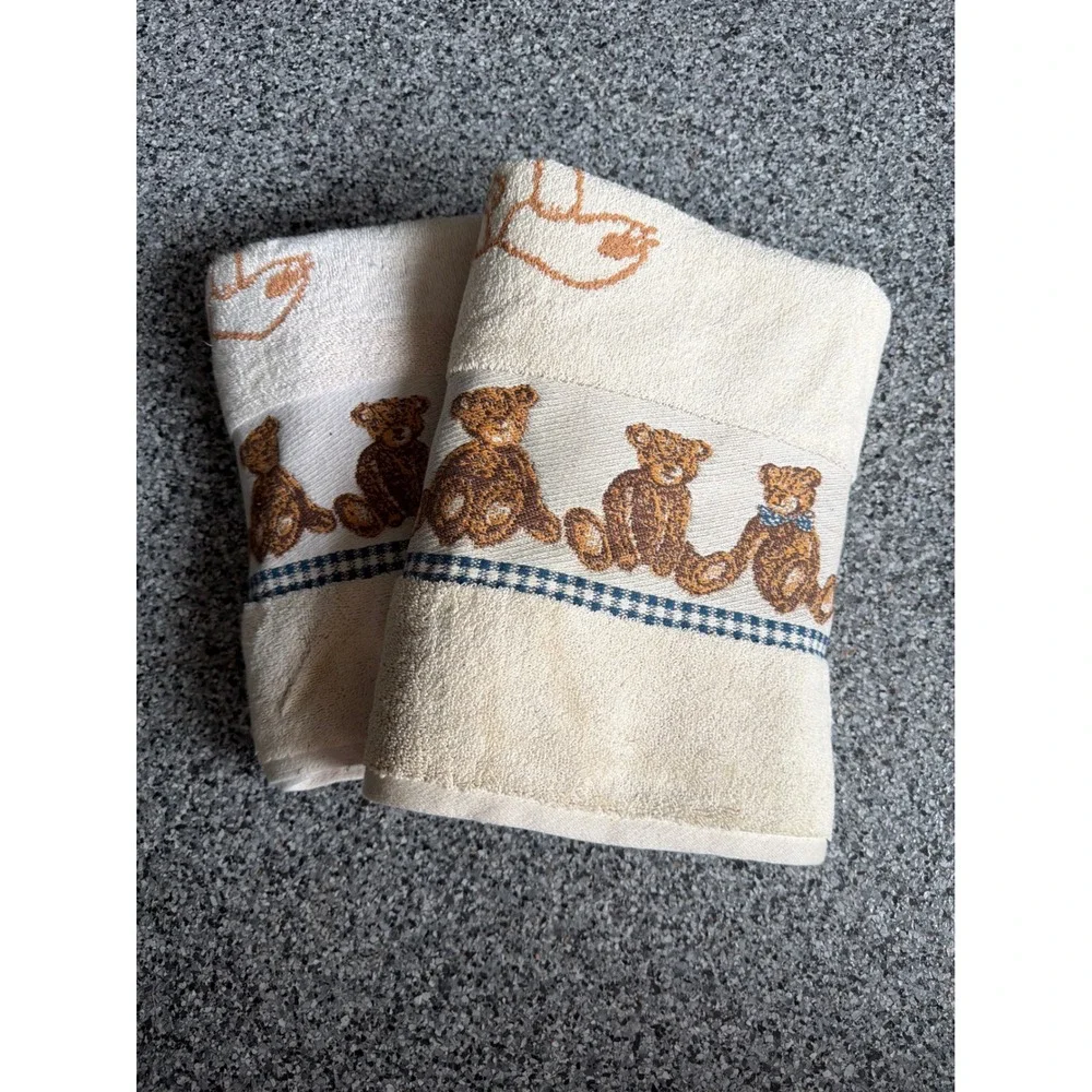 RARE Vintage Jubilee Bed Bath Home Teddy Bear Cotton Bath Towel Set Cream Rust